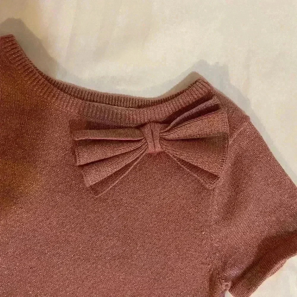 H&M Girls Kids Size 4T Short Sleeve Holiday Knit Dress with Bow Pink Glittery - Picture 2 of 3
